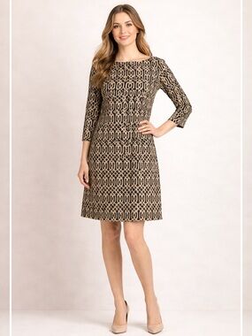 J McLaughlin | Geometric Print Dress | Sz M |Beige Black Stretch 3/4 Sleeve
